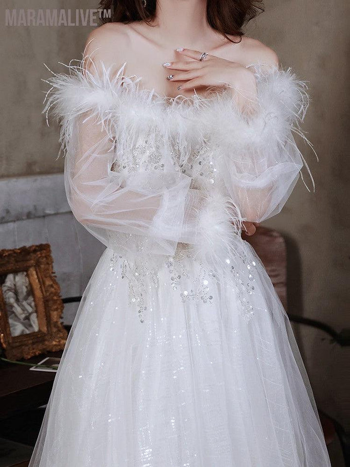 White Feather Evening Dress Lady