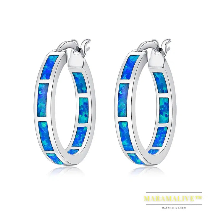 White Fire Opal Hoop Earrings With Stone Silver Plated Small Round Circle Chic Summer Punk Jewelry Best Gifts for Woman