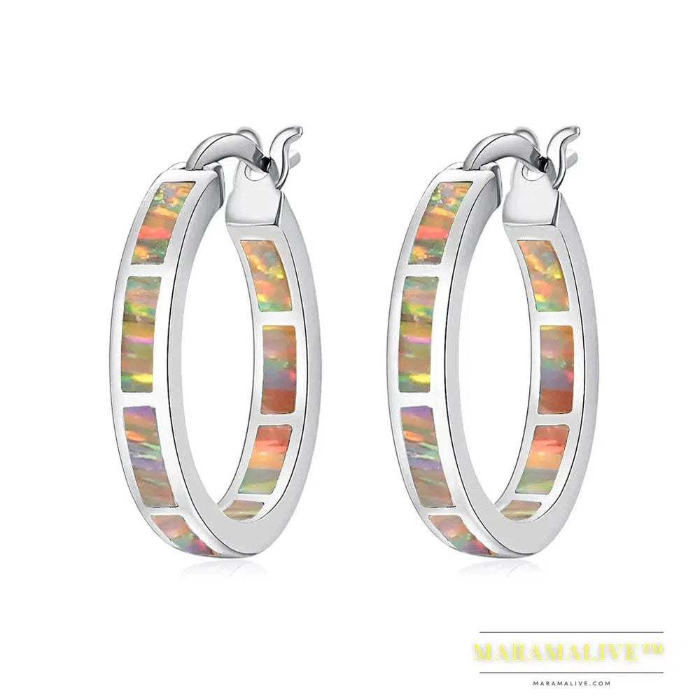 White Fire Opal Hoop Earrings With Stone Silver Plated Small Round Circle Chic Summer Punk Jewelry Best Gifts for Woman