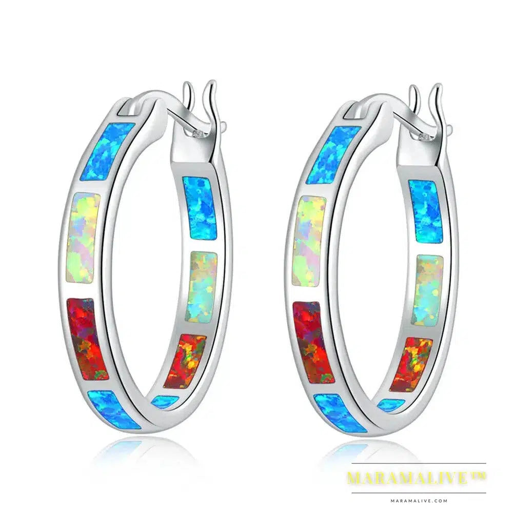 White Fire Opal Hoop Earrings With Stone Silver Plated Small Round Circle Chic Summer Punk Jewelry Best Gifts for Woman