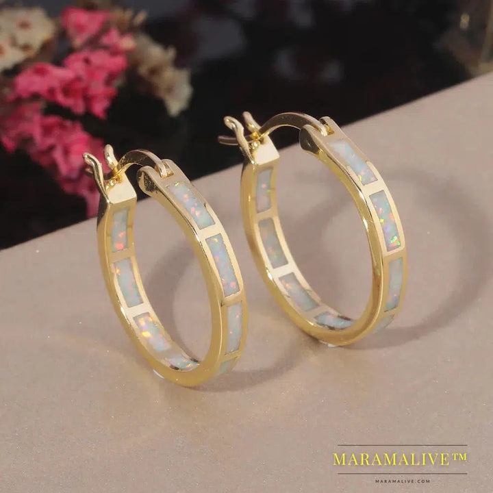 White Fire Opal Hoop Earrings With Stone Silver Plated Small Round Circle Chic Summer Punk Jewelry Best Gifts for Woman