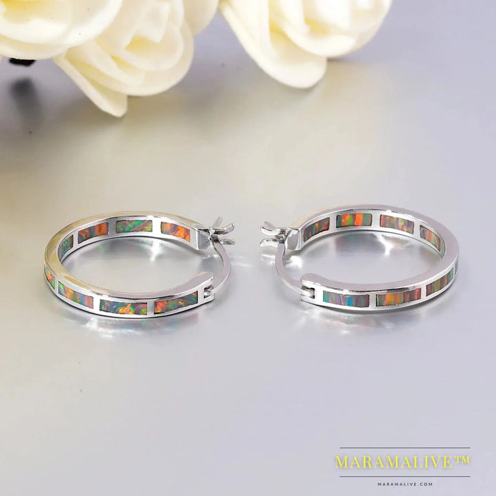 White Fire Opal Hoop Earrings With Stone Silver Plated Small Round Circle Chic Summer Punk Jewelry Best Gifts for Woman