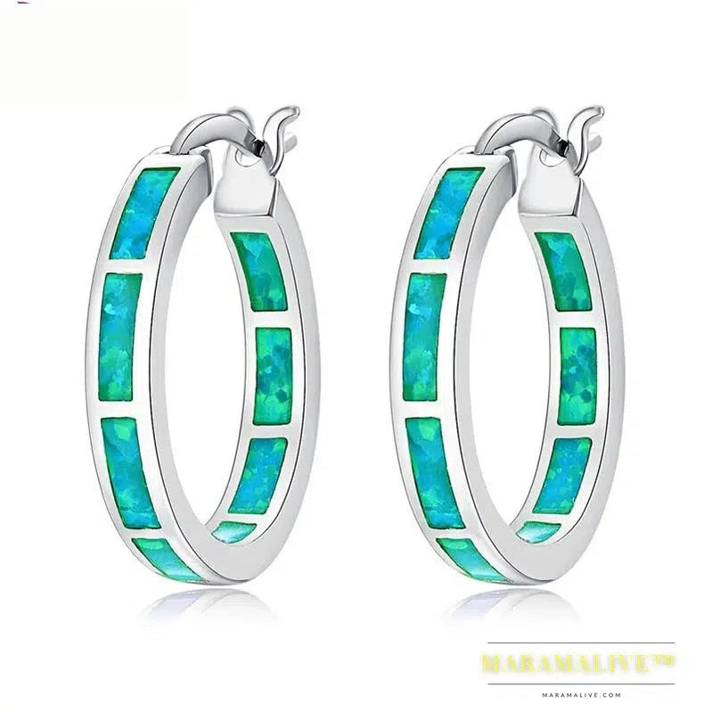 White Fire Opal Hoop Earrings With Stone Silver Plated Small Round Circle Chic Summer Punk Jewelry Best Gifts for Woman