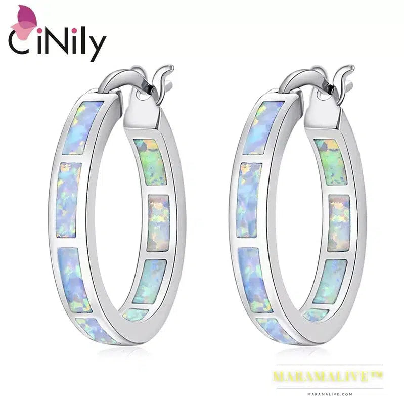 White Fire Opal Hoop Earrings With Stone Silver Plated Small Round Circle Chic Summer Punk Jewelry Best Gifts for Woman