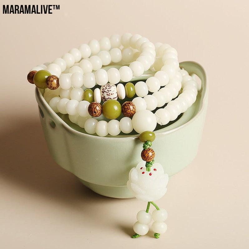 White Jade Buddhist Prayer Beads for Meditation and Health