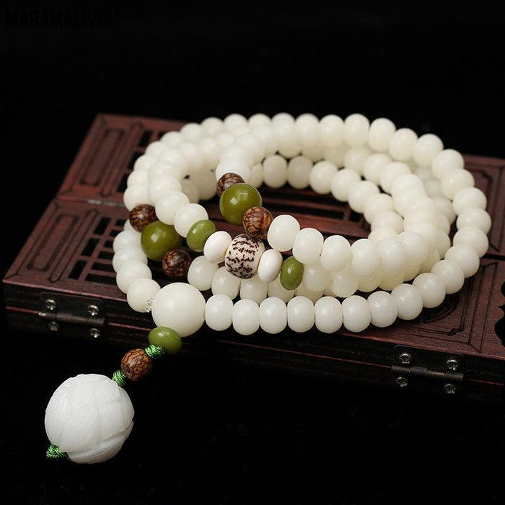 White Jade Buddhist Prayer Beads for Meditation and Health