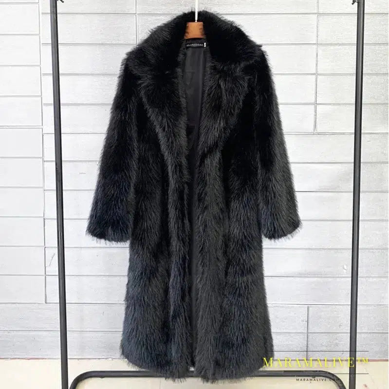 White Long Faux Fur Coat Women Autumn Winter Large Jacket Overcoat Turn Down Collar Pockets Thick Coat Warm Jackets Maxi Coats