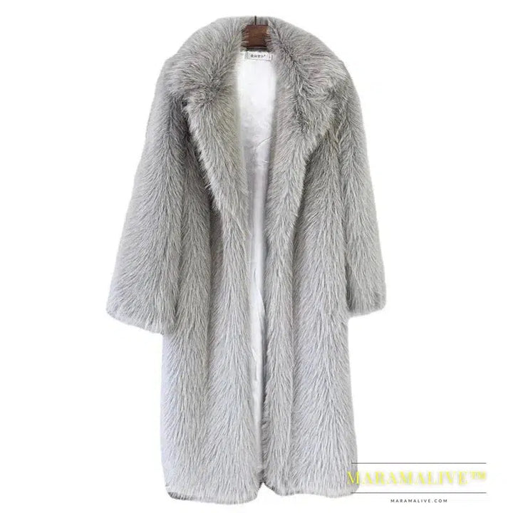 White Long Faux Fur Coat Women Autumn Winter Large Jacket Overcoat Turn Down Collar Pockets Thick Coat Warm Jackets Maxi Coats