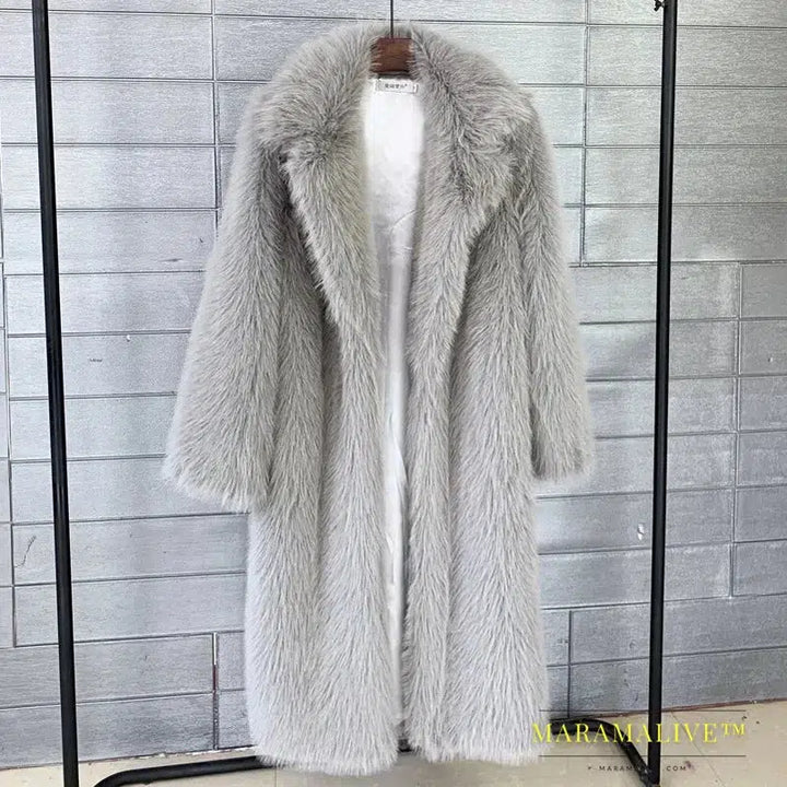 White Long Faux Fur Coat Women Autumn Winter Large Jacket Overcoat Turn Down Collar Pockets Thick Coat Warm Jackets Maxi Coats