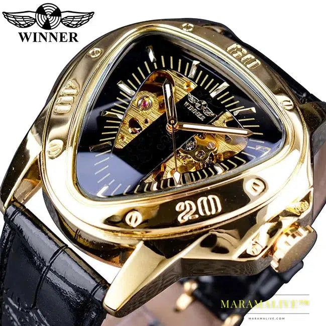 Winner Steampunk Fashion Triangle Golden Skeleton Movement Mysterious Men Automatic Mechanical Wrist Watches Top Brand Luxury