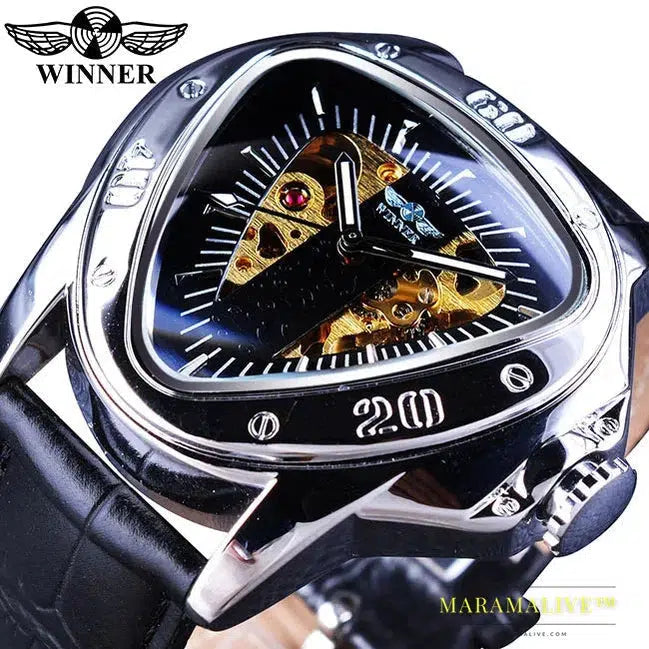 Winner Steampunk Fashion Triangle Golden Skeleton Movement Mysterious Men Automatic Mechanical Wrist Watches Top Brand Luxury