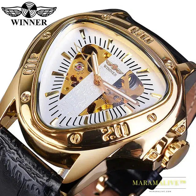 Winner Steampunk Fashion Triangle Golden Skeleton Movement Mysterious Men Automatic Mechanical Wrist Watches Top Brand Luxury