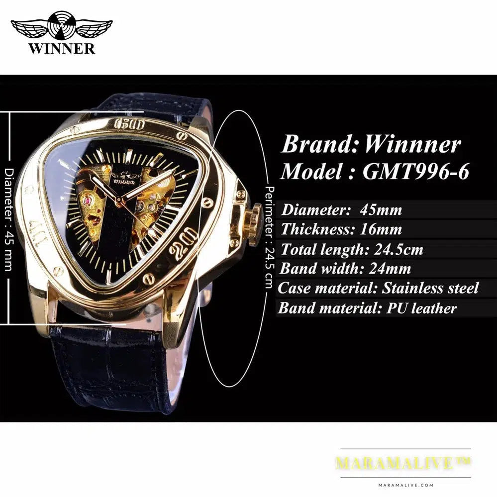 Winner Steampunk Fashion Triangle Golden Skeleton Movement Mysterious Men Automatic Mechanical Wrist Watches Top Brand Luxury