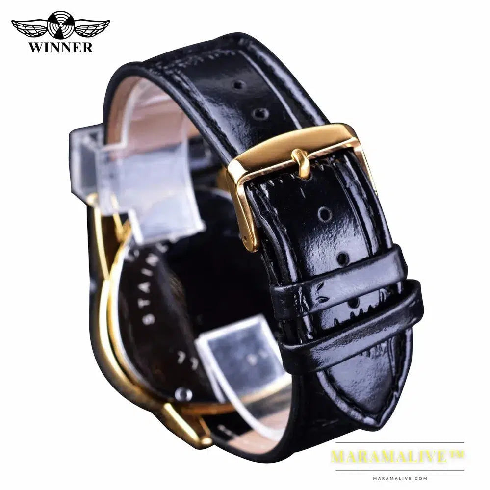 Winner Steampunk Fashion Triangle Golden Skeleton Movement Mysterious Men Automatic Mechanical Wrist Watches Top Brand Luxury