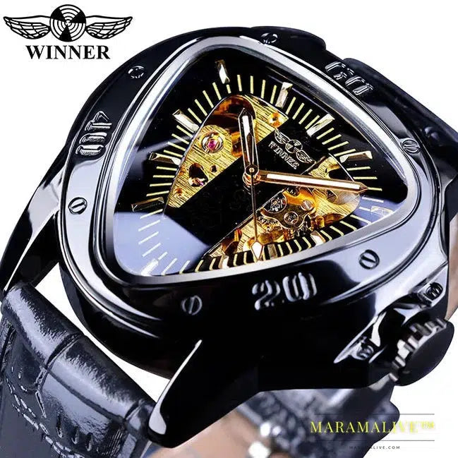 Winner Steampunk Fashion Triangle Golden Skeleton Movement Mysterious Men Automatic Mechanical Wrist Watches Top Brand Luxury