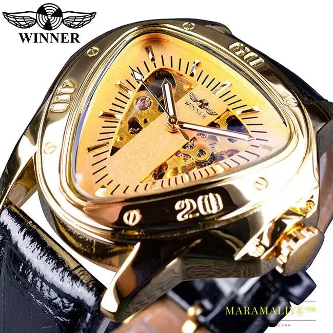 Winner Steampunk Fashion Triangle Golden Skeleton Movement Mysterious Men Automatic Mechanical Wrist Watches Top Brand Luxury