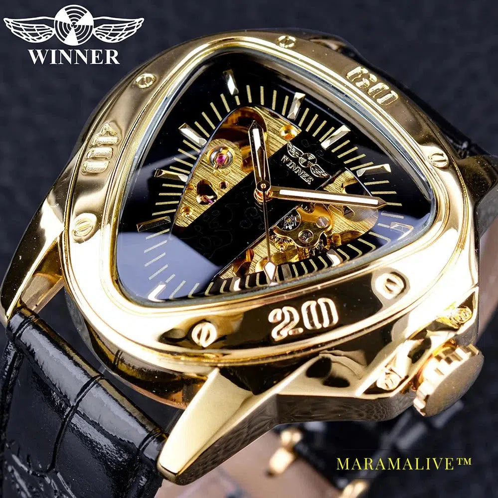 Winner Steampunk Fashion Triangle Golden Skeleton Movement Mysterious Men Automatic Mechanical Wrist Watches Top Brand Luxury