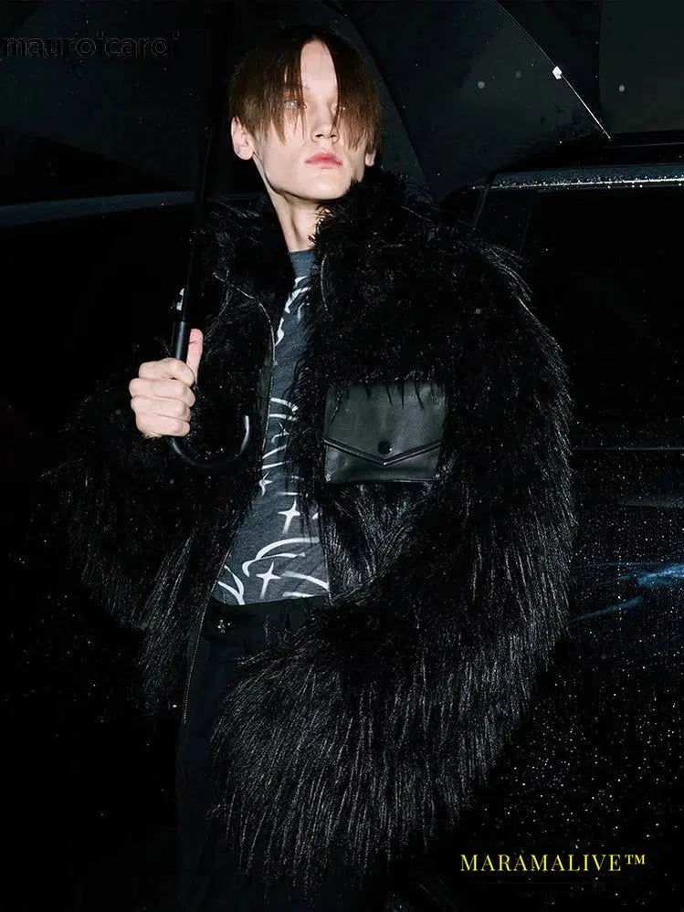 Winter Cool Handsome Black Thick Warm Soft Patchwork Faux Fur Coat Men Luxury Designer Clothing Fluffy Jacket 2023