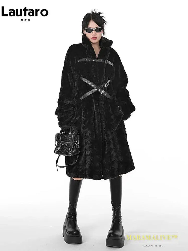 Winter Cool Long Loose Casual Soft Thick Warm Black Fuzzy Faux Fur Coat Women Stand Collar Punk Style Fluffy Jacket 2023