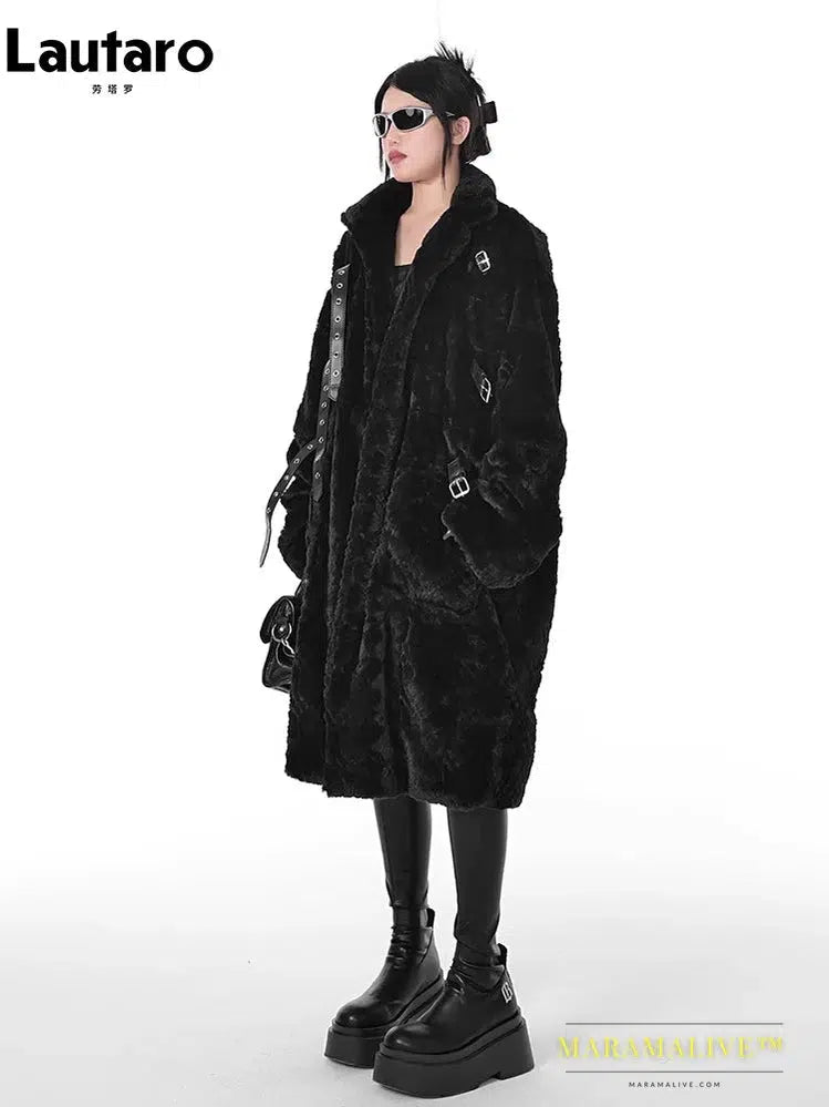 Winter Cool Long Loose Casual Soft Thick Warm Black Fuzzy Faux Fur Coat Women Stand Collar Punk Style Fluffy Jacket 2023