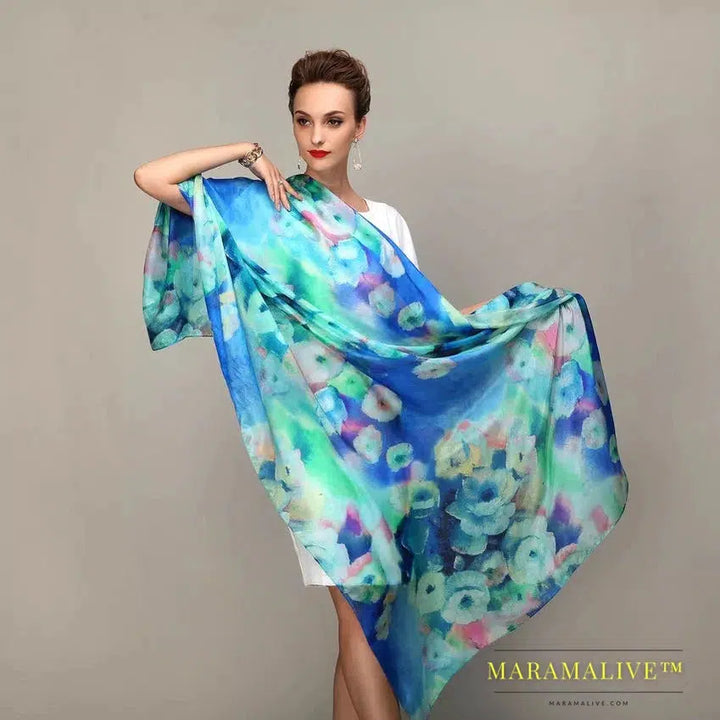 Winter Fashion Women's Scarf Hot Sale Mulberry Silk Scarves Shawl Female Long Silk Scarf Blue and Coffee 180*110cm