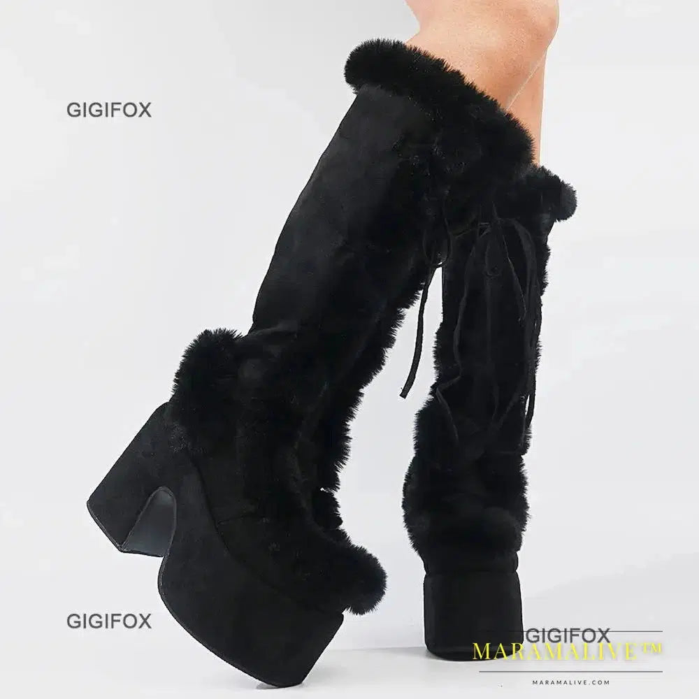 Winter Fur Big Size 43 Black Brown Gothic Chunky Boots High Heel Chunky Heels Platform Keep Warm Boots Shoes Women