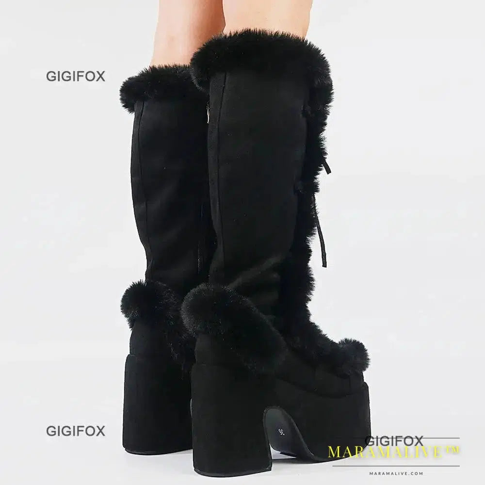 Winter Fur Big Size 43 Black Brown Gothic Chunky Boots High Heel Chunky Heels Platform Keep Warm Boots Shoes Women