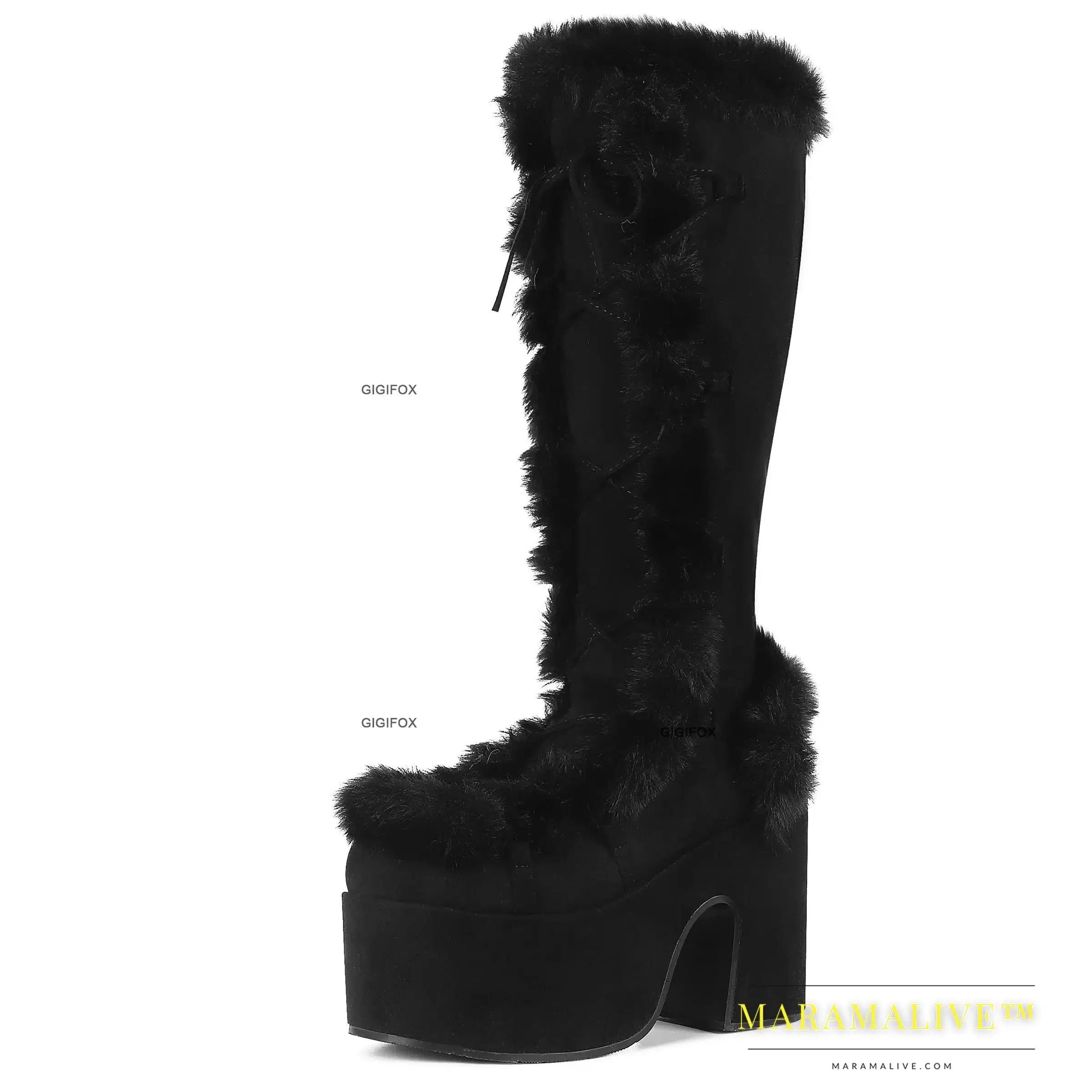 Winter Fur Big Size 43 Black Brown Gothic Chunky Boots High Heel Chunky Heels Platform Keep Warm Boots Shoes Women