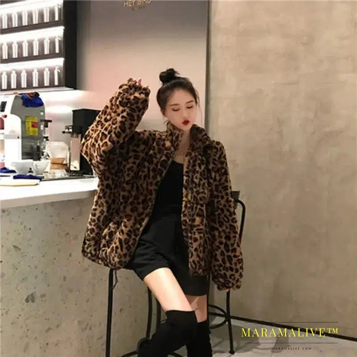 Winter Leopard Print Jacket Women's Stand collar Warm Parkas Outwear 2023 New Autumn Winter Female Loose Faux Fur Coats