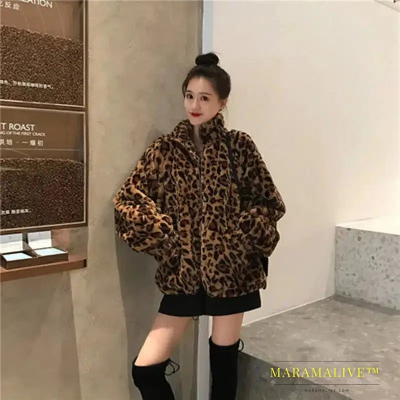 Winter Leopard Print Jacket Women's Stand collar Warm Parkas Outwear 2023 New Autumn Winter Female Loose Faux Fur Coats