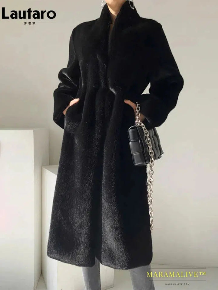 Winter Long Black Luxury Elegant Stylish Thick Warm Fluffy Hairy Soft Faux Mink Fur Coat Women Stand Collar Sashes