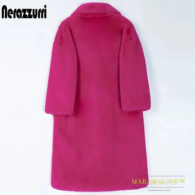 Winter Long Hot Pink Faux Fur Coat Women Lapel Warm Thick Black Soft Fluffy Jacket Loose Stylish Fashion 2022