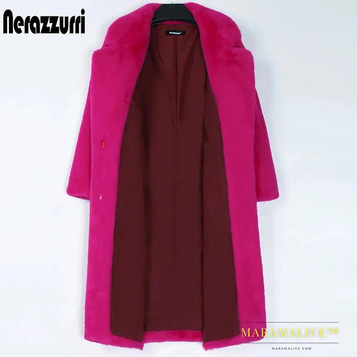 Winter Long Hot Pink Faux Fur Coat Women Lapel Warm Thick Black Soft Fluffy Jacket Loose Stylish Fashion 2022