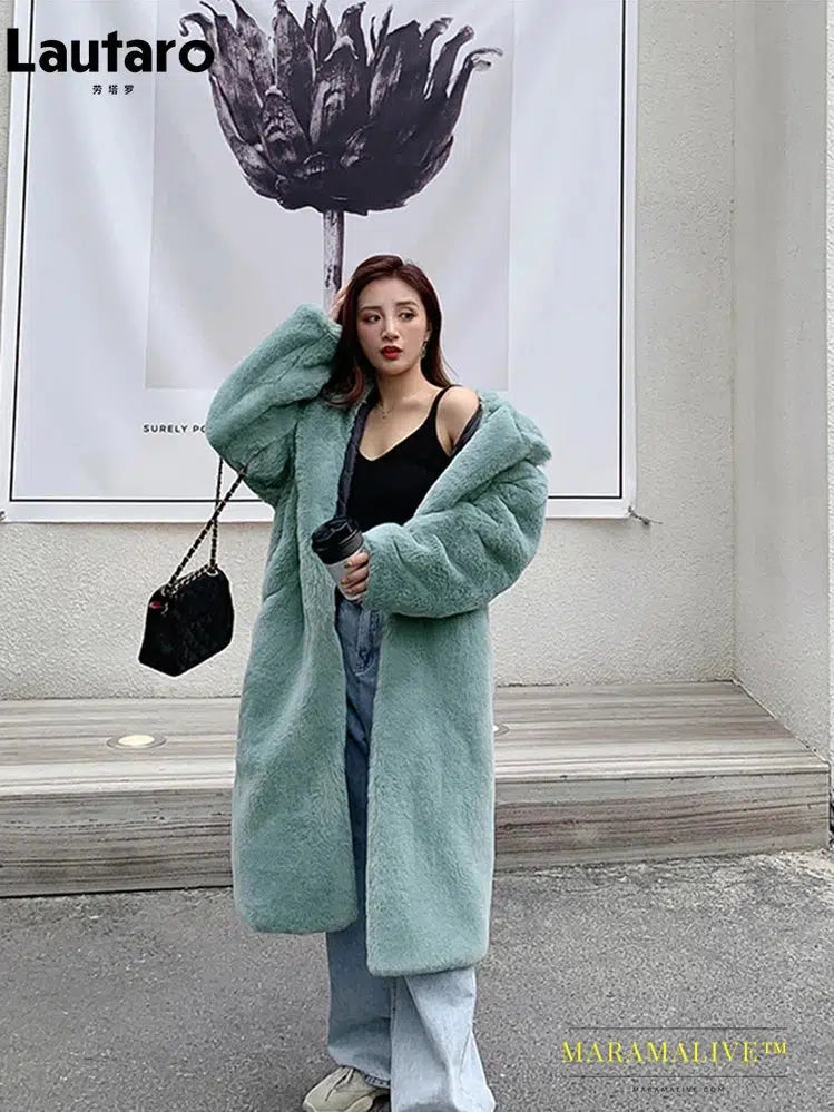 Winter Long Loose Casual Windproof Soft Thick Warm Fluffy Green Black Faux Fur Coat Women with Hood Furry Overcoat 2023