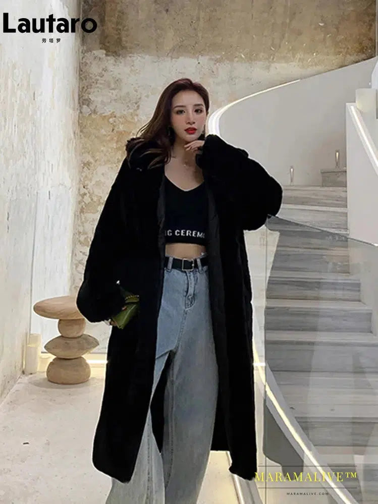 Winter Long Loose Casual Windproof Soft Thick Warm Fluffy Green Black Faux Fur Coat Women with Hood Furry Overcoat 2023