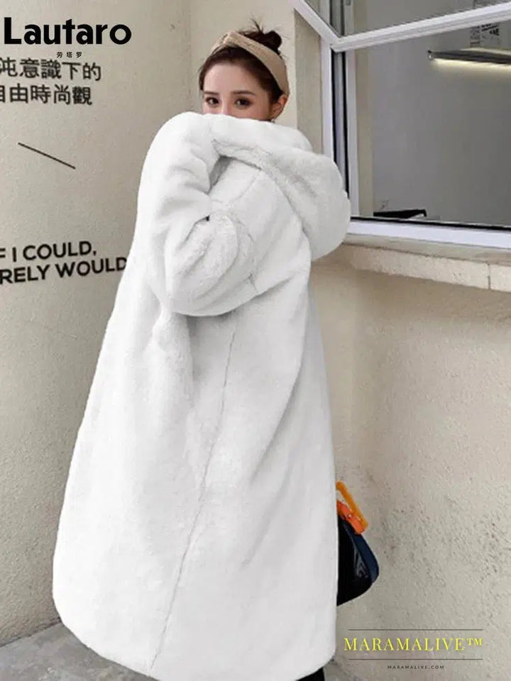 Winter Long Loose Casual Windproof Soft Thick Warm Fluffy Green Black Faux Fur Coat Women with Hood Furry Overcoat 2023