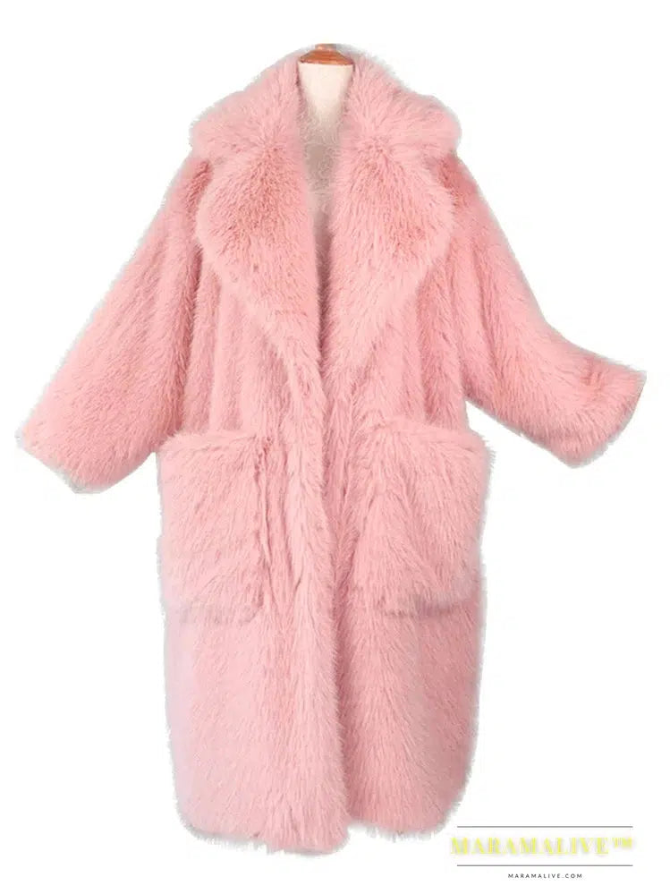 Winter Long Oversized Pink Thick Warm Soft Shaggy Fluffy Faux Fur Coat Women Pockets Lapel Loose Sweet Cute Fashion 2022