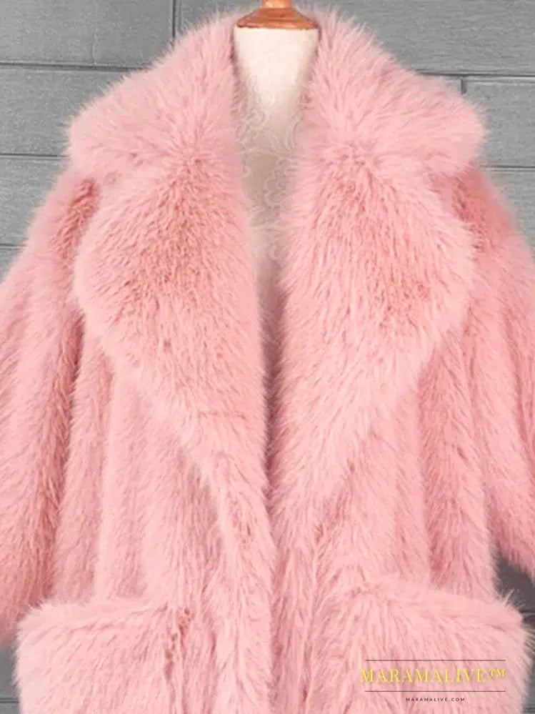 Winter Long Oversized Pink Thick Warm Soft Shaggy Fluffy Faux Fur Coat Women Pockets Lapel Loose Sweet Cute Fashion 2022