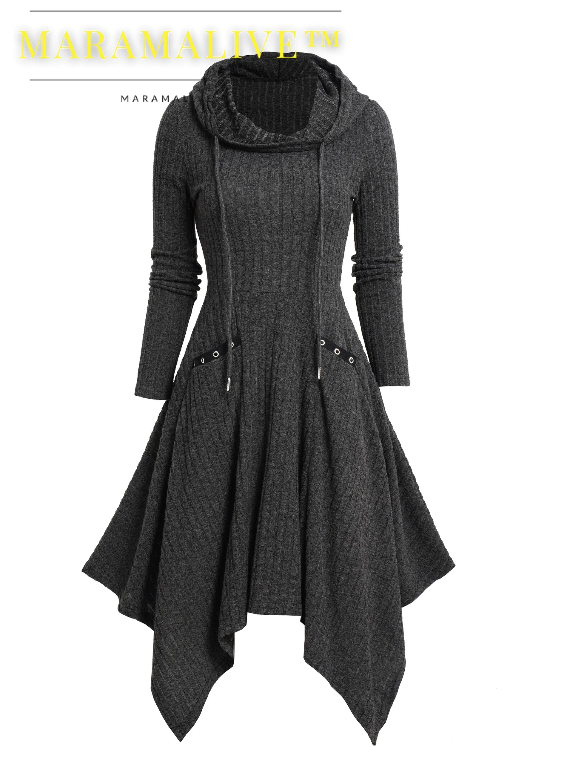 Elegant Hooded Long Sleeve Dress with Asymmetrical Hem, Solid Color, Knit Fabric, Belted Waist with Eyelet Detail, Front Pocket, Polyester and Spandex, Adult Casual Gothic Style for Fall/Winter