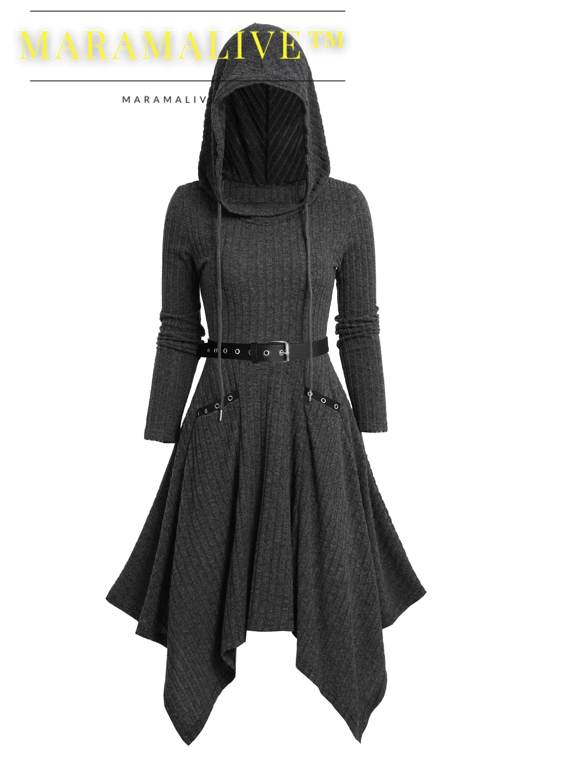 Elegant Hooded Long Sleeve Dress with Asymmetrical Hem, Solid Color, Knit Fabric, Belted Waist with Eyelet Detail, Front Pocket, Polyester and Spandex, Adult Casual Gothic Style for Fall/Winter