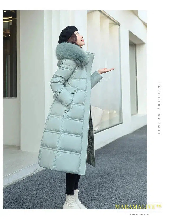 Winter New Down Cotton Parkas Jacket Women's X-Long Faux Fur Collar Padded Jacket Thick Loose Large Size Padded Jacket