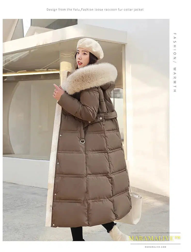 Winter New Down Cotton Parkas Jacket Women's X-Long Faux Fur Collar Padded Jacket Thick Loose Large Size Padded Jacket