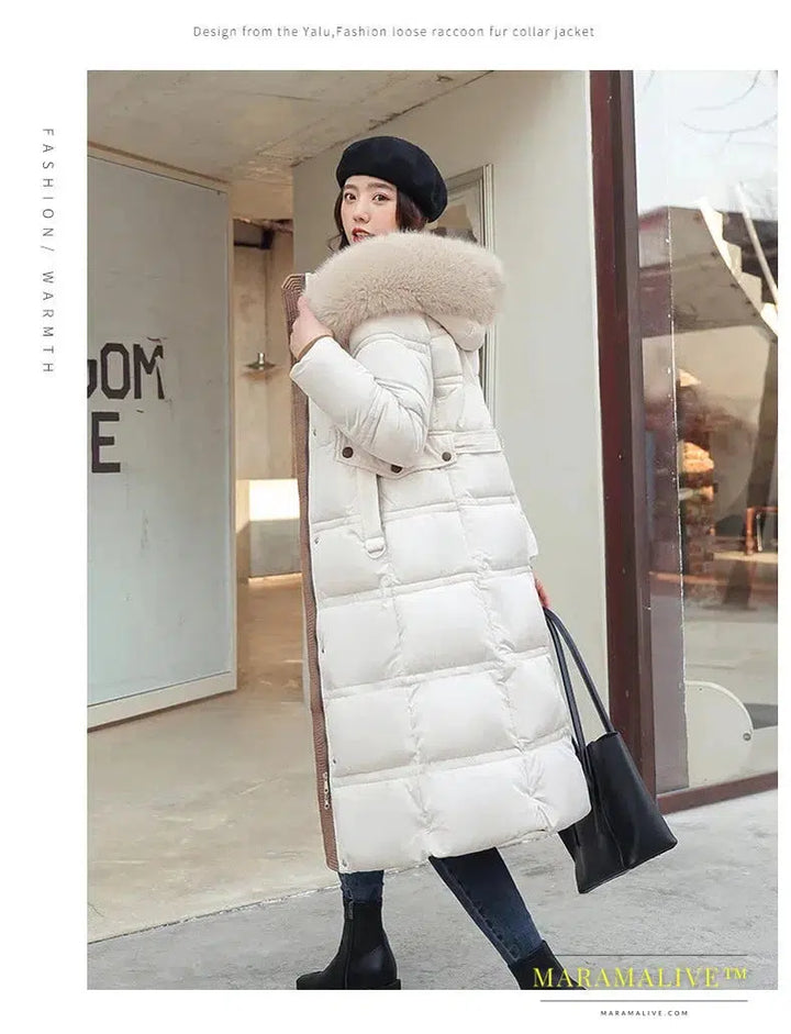 Winter New Down Cotton Parkas Jacket Women's X-Long Faux Fur Collar Padded Jacket Thick Loose Large Size Padded Jacket