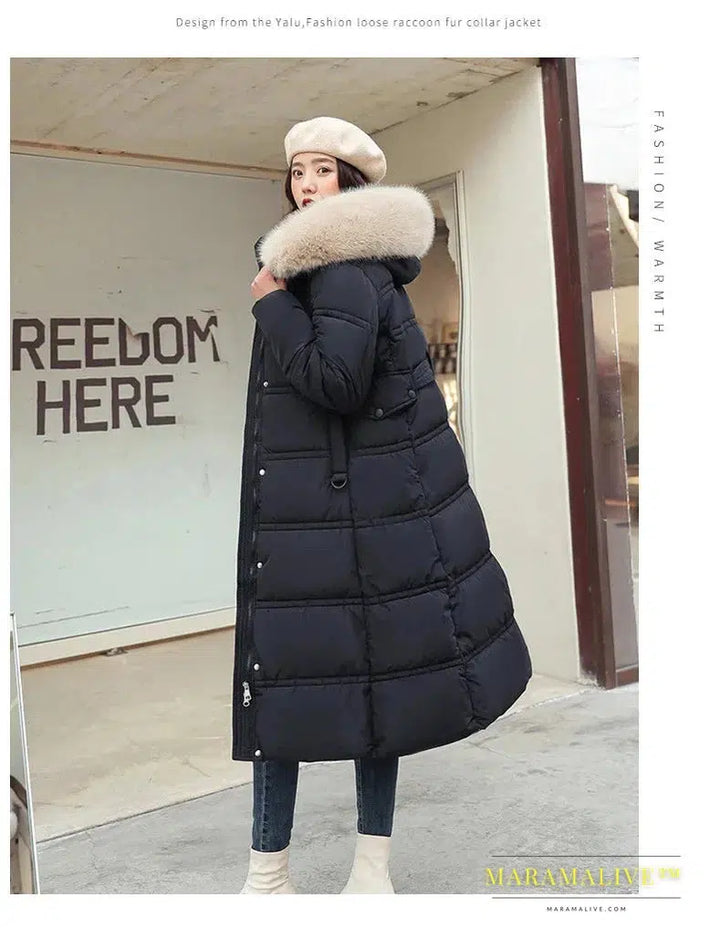 Winter New Down Cotton Parkas Jacket Women's X-Long Faux Fur Collar Padded Jacket Thick Loose Large Size Padded Jacket