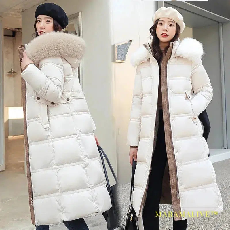 Winter New Down Cotton Parkas Jacket Women's X-Long Faux Fur Collar Padded Jacket Thick Loose Large Size Padded Jacket