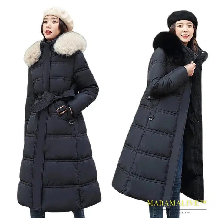 Winter New Down Cotton Parkas Jacket Women's X-Long Faux Fur Collar Padded Jacket Thick Loose Large Size Padded Jacket