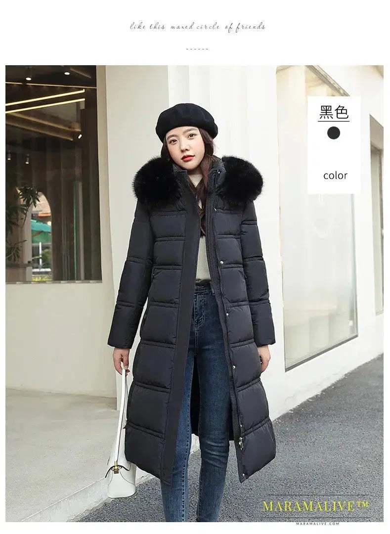 Winter New Down Cotton Parkas Jacket Women's X-Long Faux Fur Collar Padded Jacket Thick Loose Large Size Padded Jacket