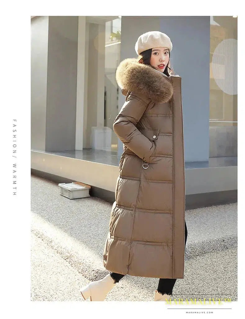 Winter New Down Cotton Parkas Jacket Women's X-Long Faux Fur Collar Padded Jacket Thick Loose Large Size Padded Jacket