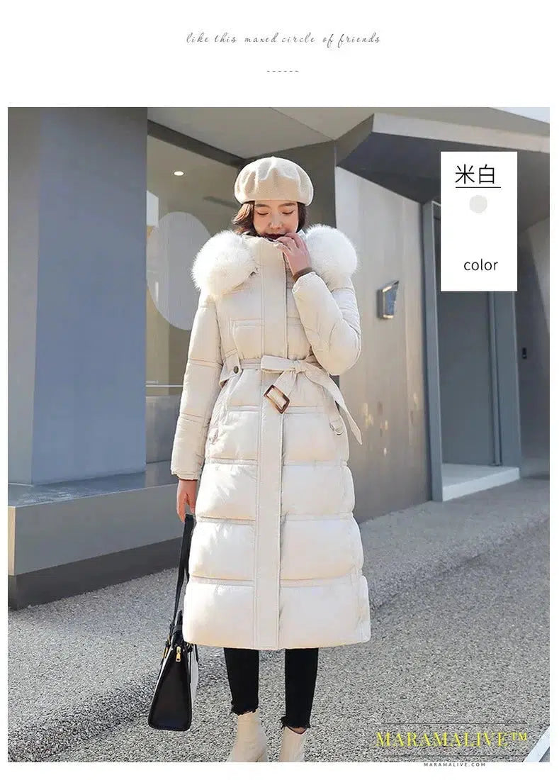 Winter New Down Cotton Parkas Jacket Women's X-Long Faux Fur Collar Padded Jacket Thick Loose Large Size Padded Jacket