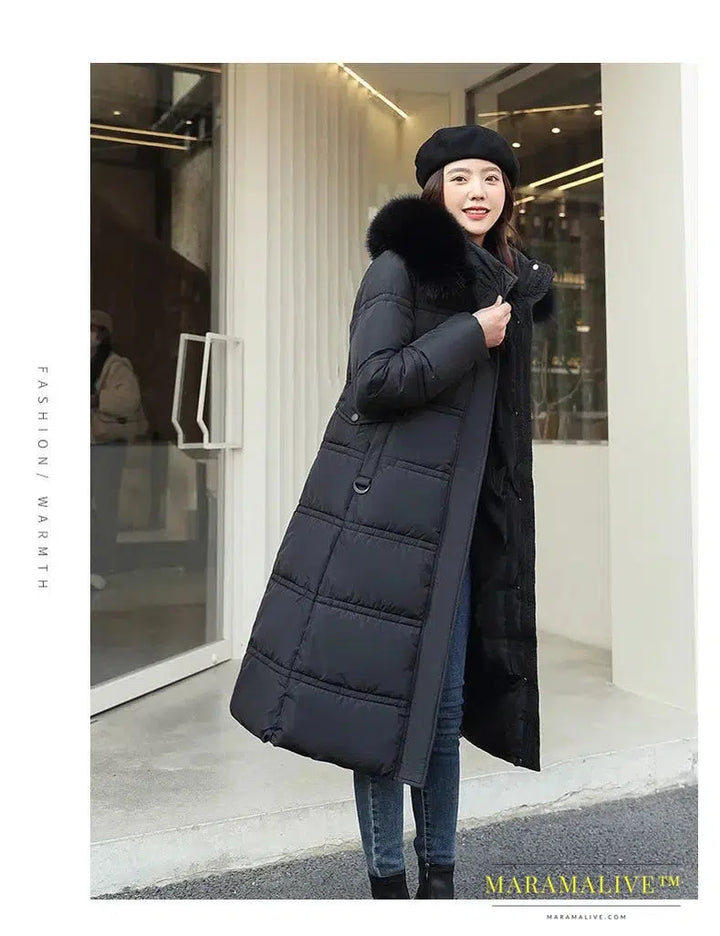 Winter New Down Cotton Parkas Jacket Women's X-Long Faux Fur Collar Padded Jacket Thick Loose Large Size Padded Jacket